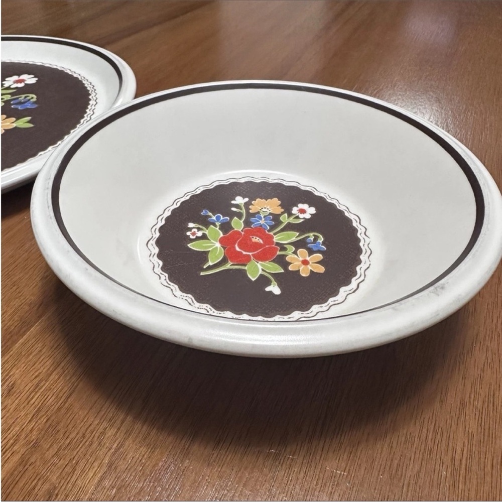 Mikasa Int’l 1970s Brown Denim Floral 11” Plate & Bowl Set E4803 Mid Century - Picture 6 of 8